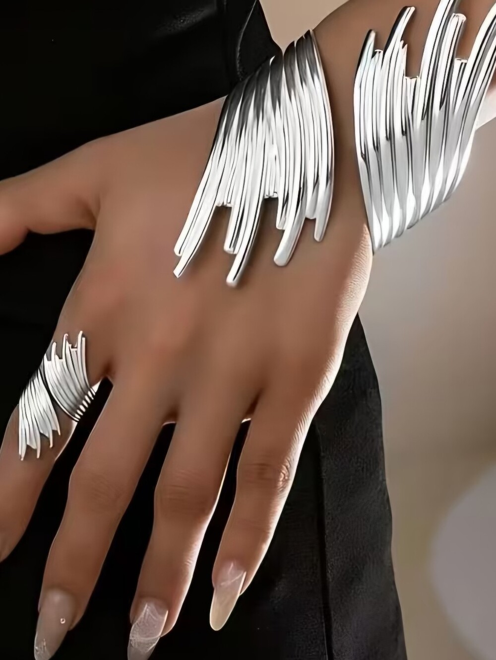 Jewelry set silver Wings textured, cuff, bracelet and matching ring